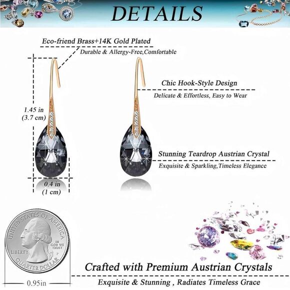 14K Yellow Gold with Charcoal Gray Austrian Crystal Teardrop Drop Hook Earrings - Picture 6 of 6